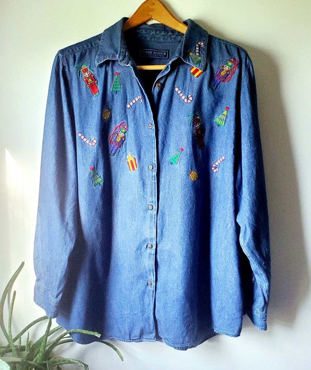 Karen Scott Womens Denim Cotton Nutcracker Holiday Shirt Size 2X Christmas
